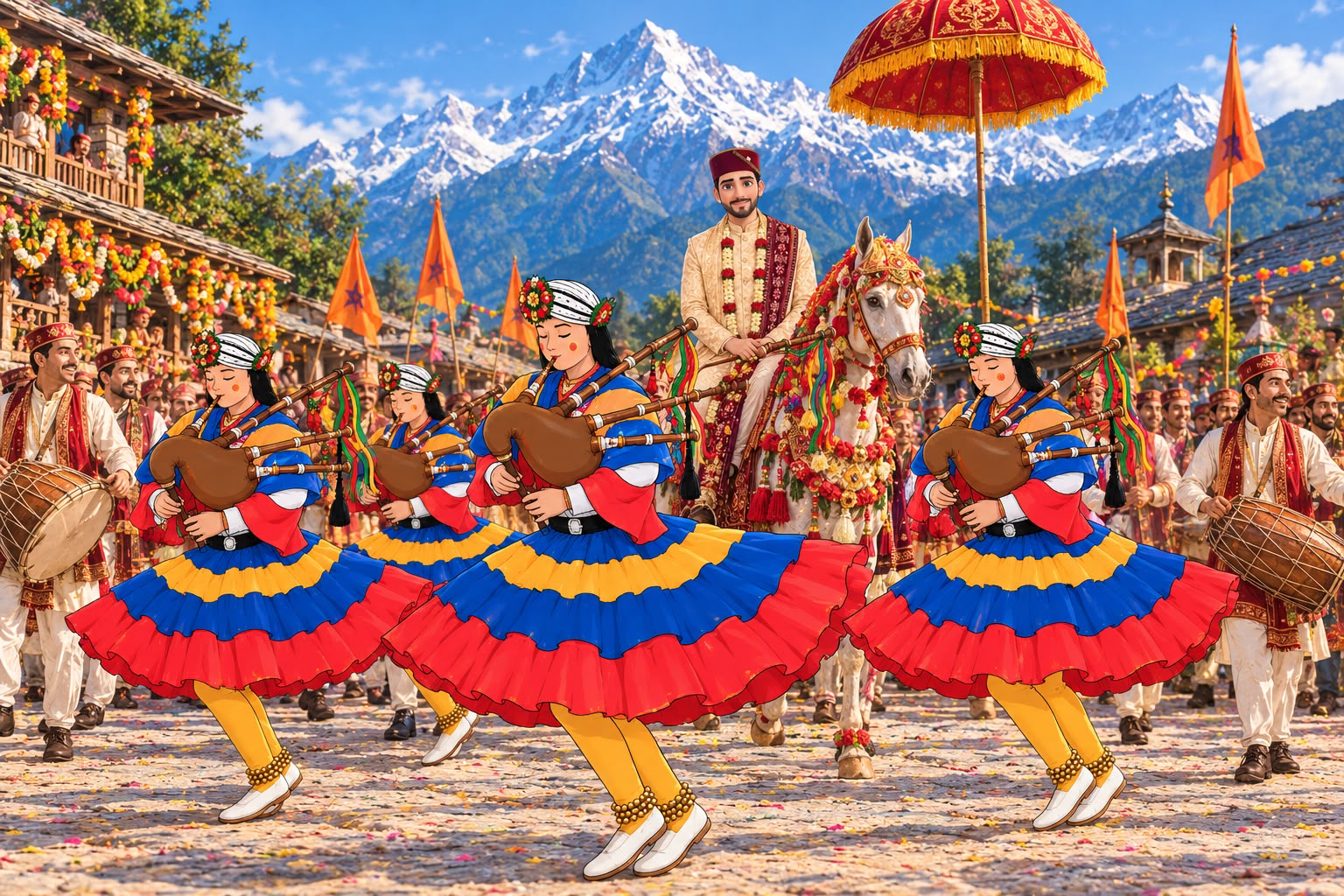 Shared Baraat illustration with the groom on a decorated horse and Pahadi musicians