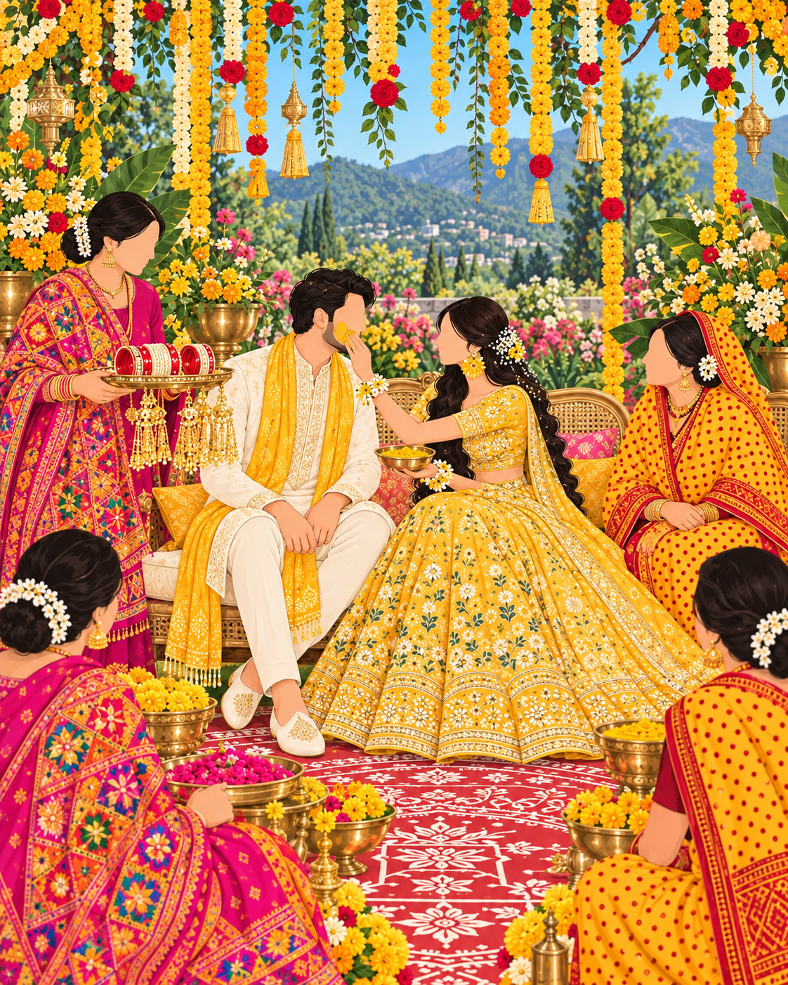 Illustrated Kumaoni and Punjabi wedding celebration