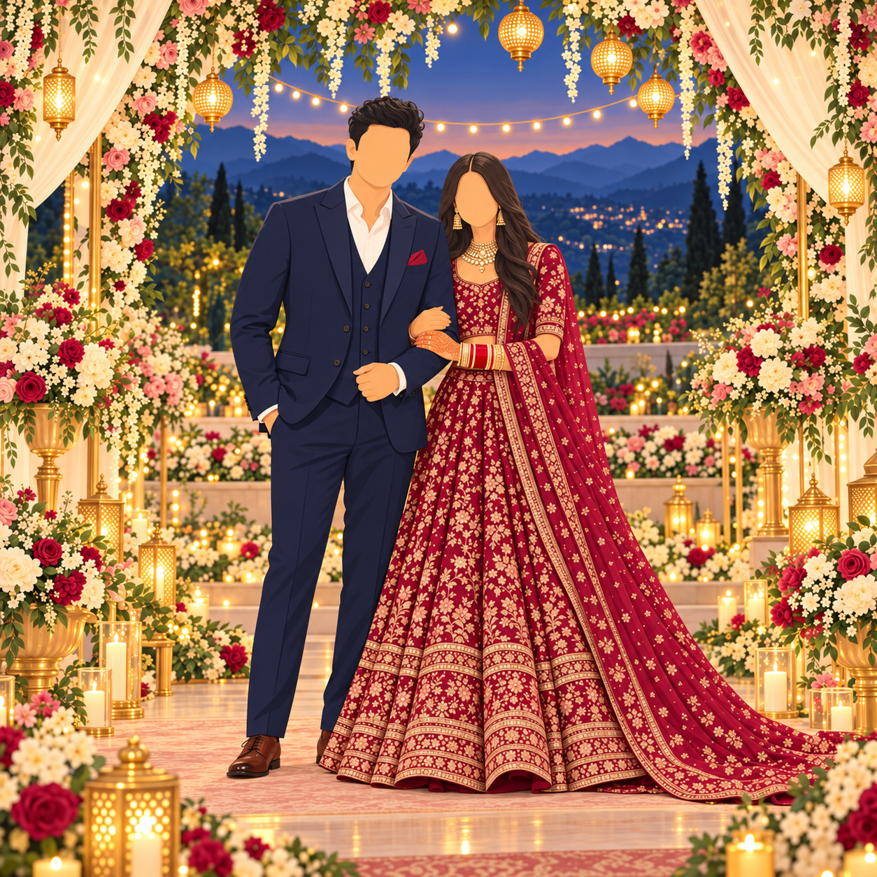 Generic faceless couple illustration at an evening reception