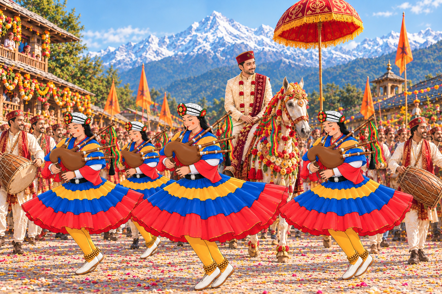 Baraat procession with the groom on horseback and Pahadi musicians