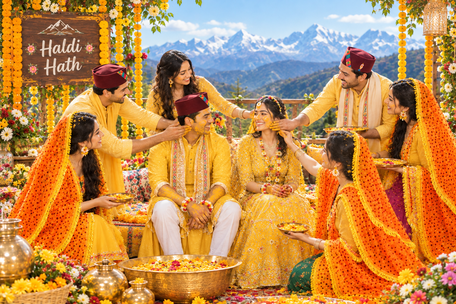 Haldi Haath with the couple and family in traditional Pahadi attire
