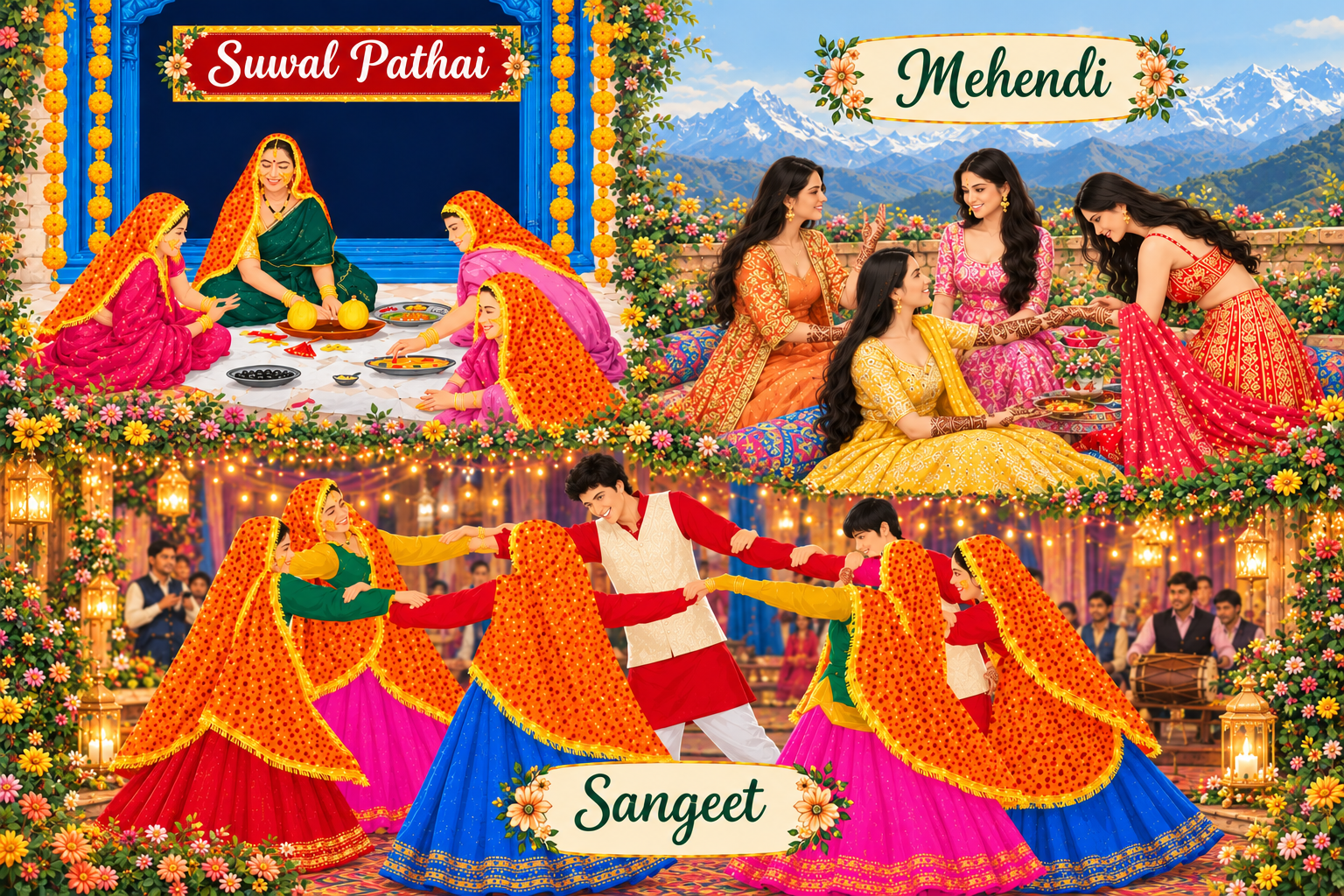 Suwal Pathai, Mehendi and Sangeet celebration collage