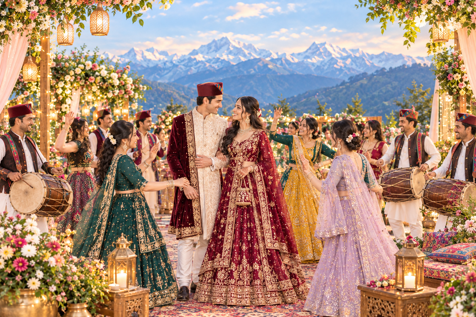 Couple celebrating with family and traditional musicians