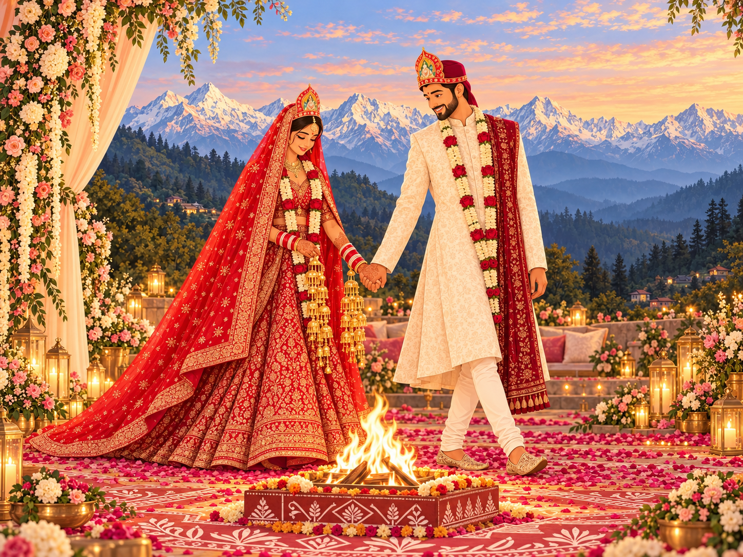 Illustrated Kumaoni and Punjabi wedding celebration